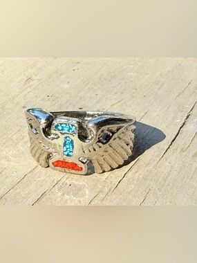 Silver Eagle Ring with Turquoise and Coral Inlay